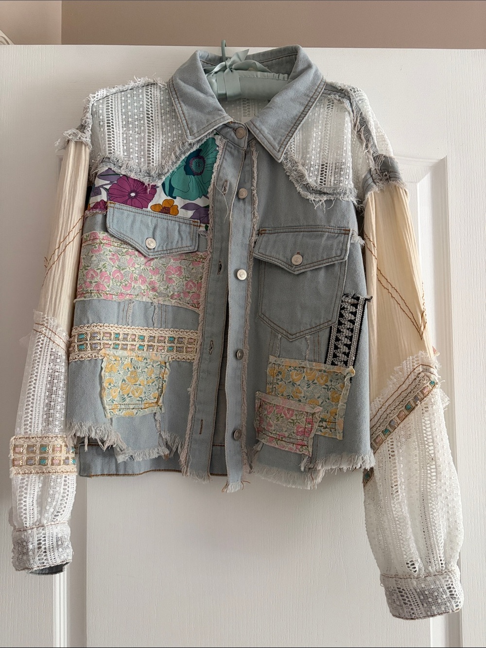 POL Light Blue Patchwork Denim Jacket with Cream Lace Sleeves
